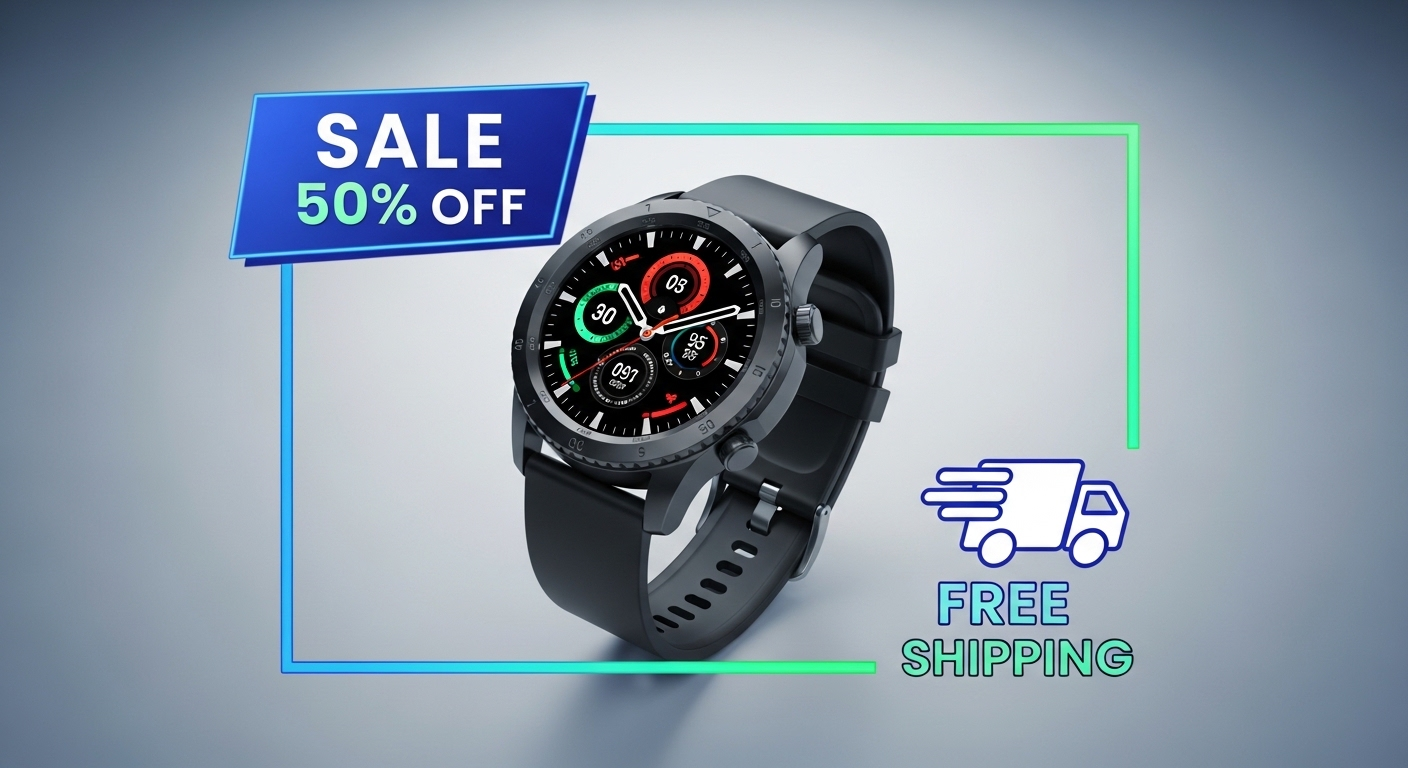 Đồng hồ thông minh hiện đại trong khung khuyến mãi bắt mắt với banner SALE 50% và miễn phí vận chuyển, minh họa cách tạo khung Shopee hiệu quả thu hút khách hàng.