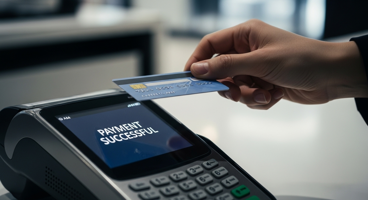 Bàn tay cầm thẻ tín dụng thực hiện giao dịch thành công trên máy POS với thông báo 'Payment Successful', minh họa quy trình thanh toán. Hình ảnh gợi nhắc về cách các sàn thương mại điện tử như Lazada thu phí người bán như thế nào.