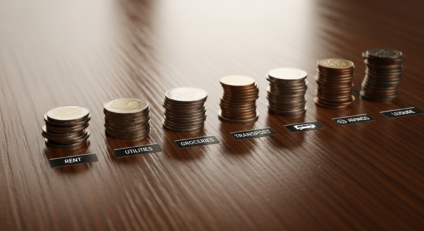 Các đống tiền xu kim loại được sắp xếp gọn gàng trên bàn gỗ, mỗi đống có nhãn đại diện cho một hạng mục chi phí khác nhau, minh họa các loại phí dịch vụ, bao gồm phí dịch vụ Shopee.