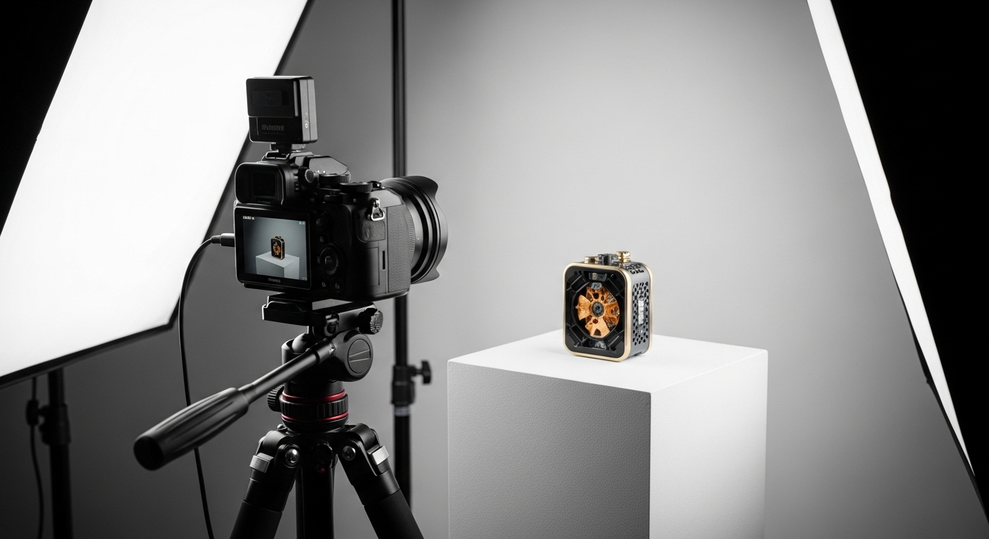 Setup chụp ảnh sản phẩm chuyên nghiệp với softbox và máy ảnh trên tripod, làm nổi bật chi tiết sản phẩm cao cấp trên bệ trắng, hỗ trợ đắc lực các kỹ thuật chốt sale Shopee hiệu quả.