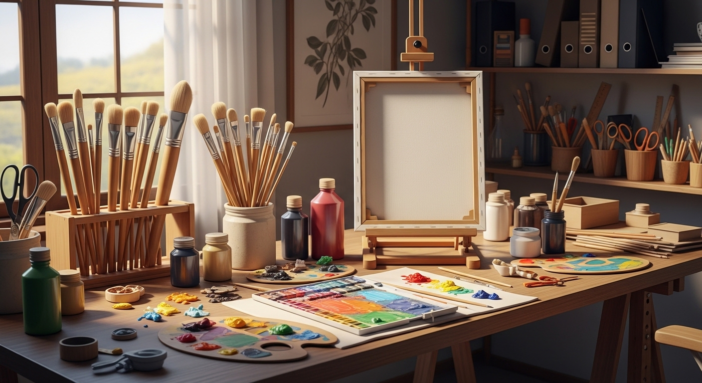 Không gian studio nghệ thuật ngăn nắp với cọ vẽ, bảng màu và canvas trắng, nguồn cảm hứng sáng tạo để sản xuất nội dung và kiếm tiền trên TikTok. Không gian studio nghệ thuật ngăn nắp với cọ vẽ, bảng màu và canvas trắng, nguồn cảm hứng sáng tạo để sản xuất nội dung và kiếm tiền trên TikTok.