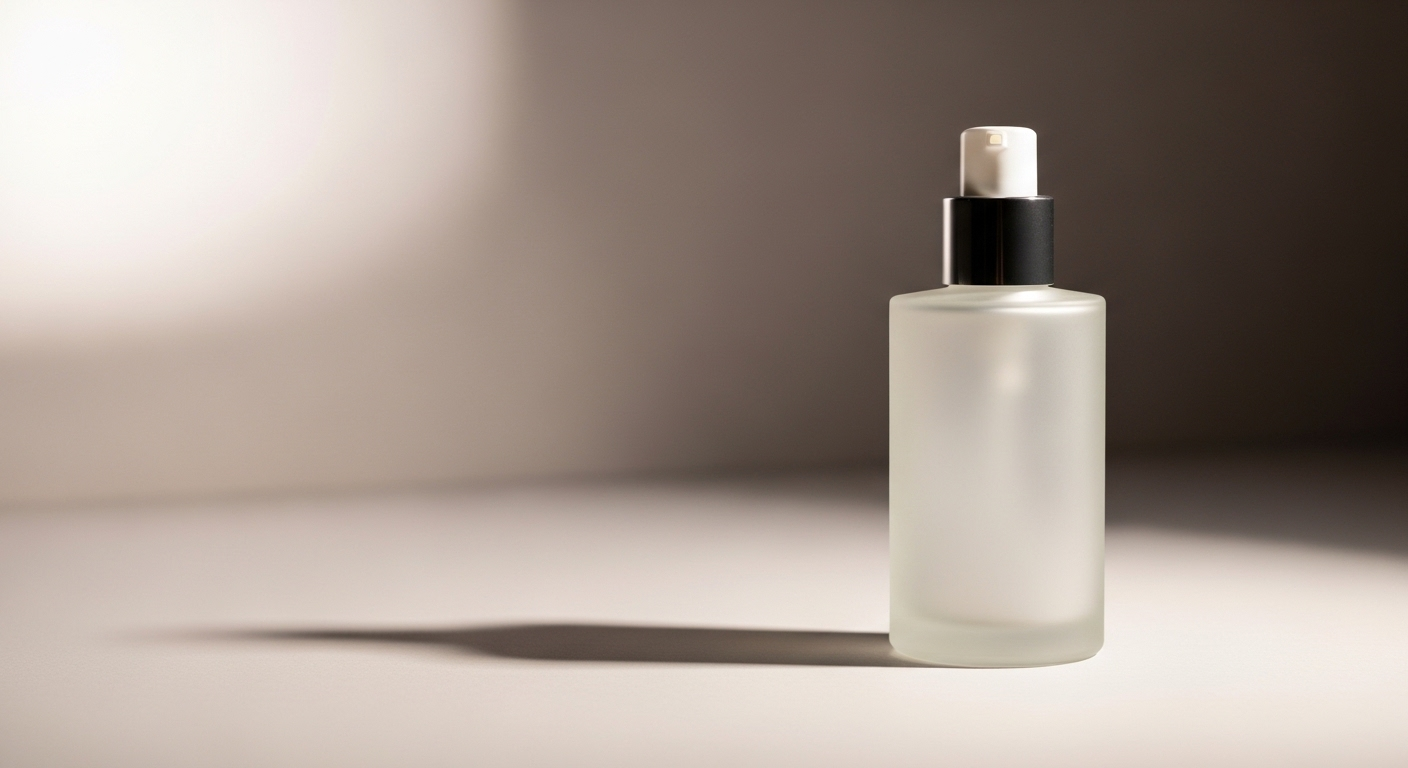 Chai mỹ phẩm chụp studio chuyên nghiệp với ánh sáng mềm, nền tối giản, hoàn hảo cho nội dung review sản phẩm khi tìm hiểu cách làm tiếp thị liên kết trên TikTok.