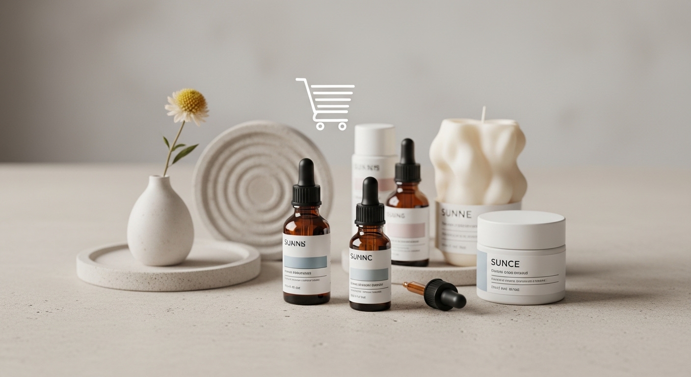 Các sản phẩm lifestyle tinh tế và chai mỹ phẩm được sắp xếp đẹp mắt trên nền sáng, với biểu tượng giỏ hàng mờ. Hình ảnh minh họa nguồn hàng tiềm năng khi tìm hiểu cách kiếm tiền trên TikTok.