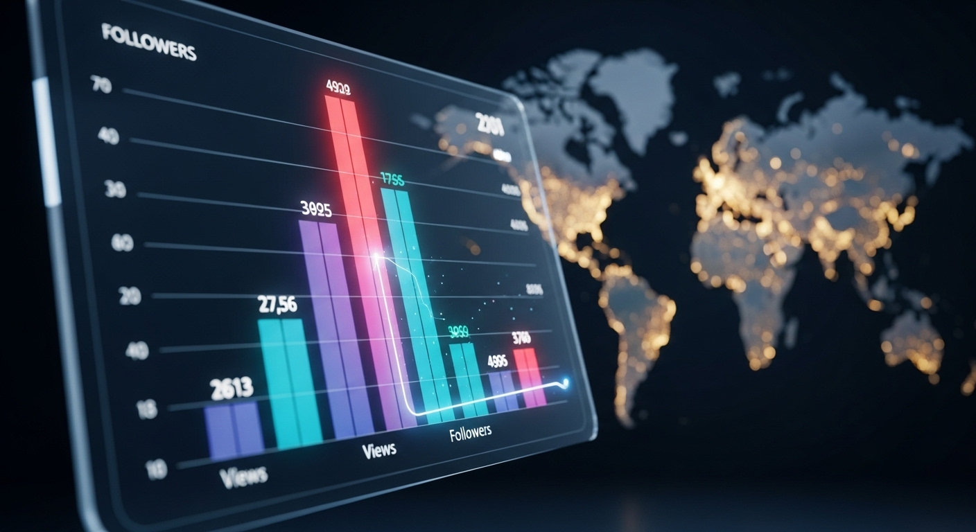 Biểu đồ lượt xem và người theo dõi TikTok tăng cao trên màn hình kỹ thuật số trong suốt, với bản đồ thế giới phía sau minh họa độ phủ toàn cầu. Hình ảnh biểu thị tiềm năng khi bạn biết cách bật kiếm tiền trên TikTok hiệu quả.