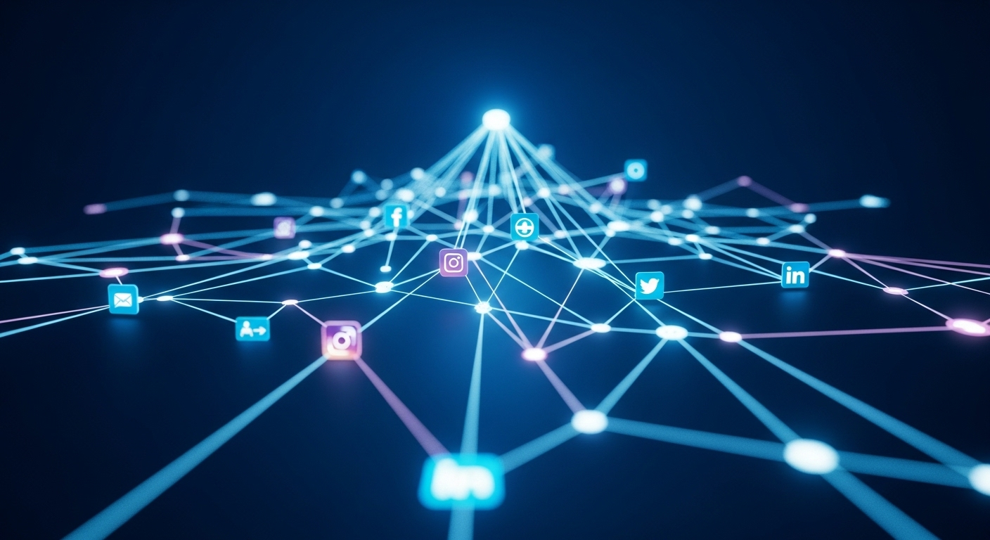 Mạng lưới kỹ thuật số phát triển mạnh mẽ với đường nét phát sáng và biểu tượng mạng xã hội, minh họa tầm quan trọng của việc kết nối và cách mời bạn bè thích trang Fanpage để mở rộng tầm ảnh hưởng.