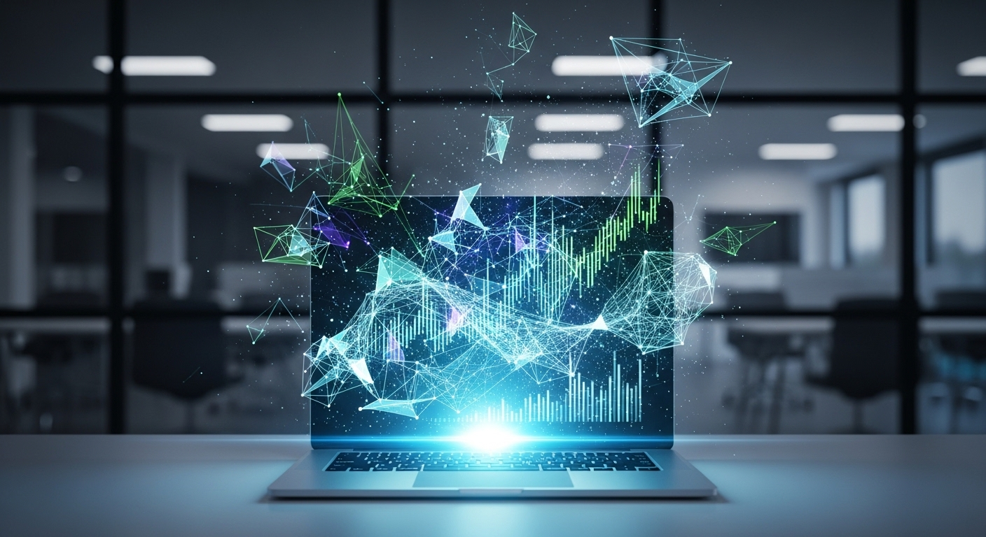 Màn hình laptop phát sáng với biểu đồ dữ liệu kỹ thuật số trừu tượng, gợi liên tưởng đến việc tìm hiểu MMO là gì và phân tích online trong không gian làm việc hiện đại.