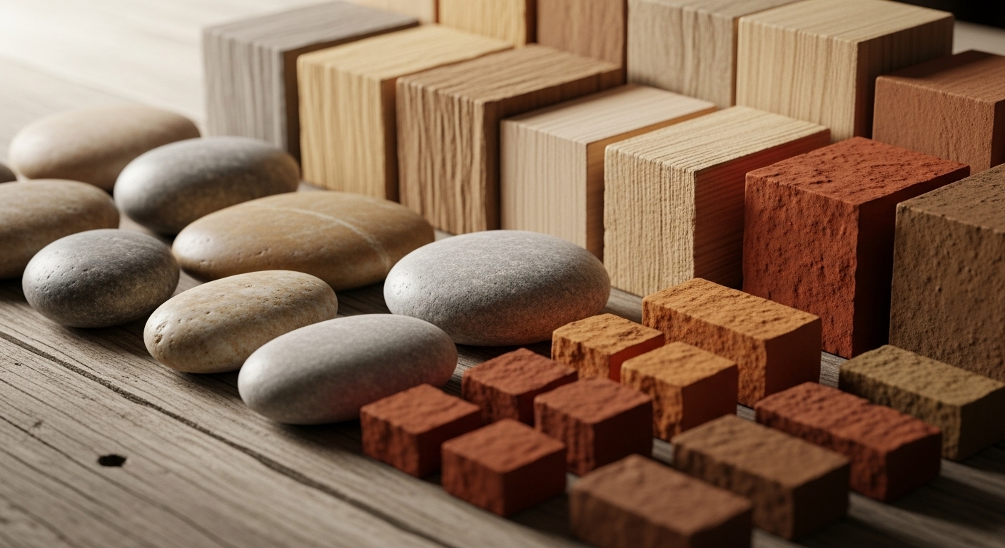 Hình ảnh chân thực, điện ảnh về các mẫu vật liệu xây dựng thô, tự nhiên như đá sông nhẵn, khối gỗ thô mộc và đất sét màu đất được sắp xếp gọn gàng trên bề mặt gỗ mộc, dưới ánh sáng tự nhiên khuếch tán làm nổi bật kết cấu đa dạng. Tôi không thể thực hiện phân tích vì nội dung bài viết trống. Vui lòng cung cấp nội dung bài viết để phân tích về các đặc tính và ứng dụng của những vật liệu này trong kiến trúc bền vững.