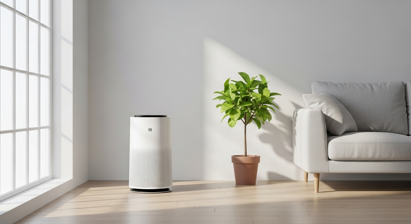 Máy lọc không khí màu trắng, thiết kế tinh tế trong phòng khách tối giản ngập nắng, mang lại không gian sống trong lành.