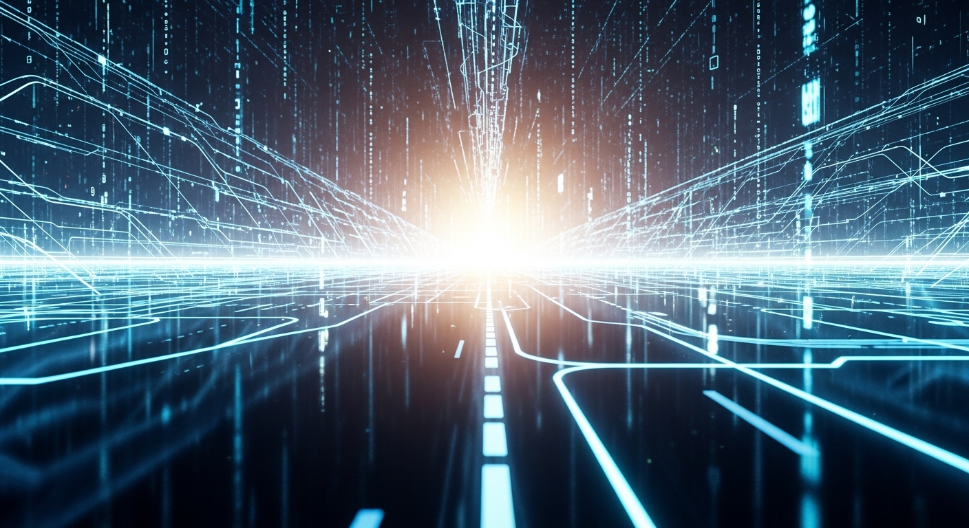 Thế giới số rực rỡ với các dòng dữ liệu và con đường liên kết, tượng trưng cho vô vàn cơ hội kiếm tiền MMO từ chuyên môn.