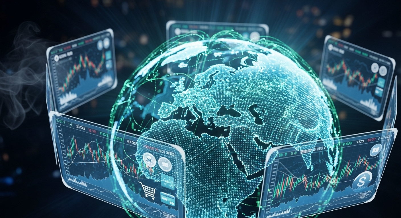 Quả cầu kỹ thuật số với mạng lưới phát sáng kết nối các châu lục, xung quanh là màn hình dữ liệu thị trường và giao dịch trực tuyến. Một minh họa trực quan về kinh tế số và các cơ hội làm việc, giúp người xem dễ dàng tìm hiểu MMO là gì.