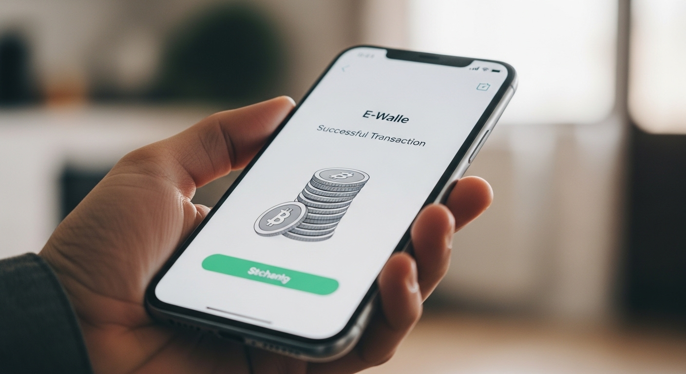 Tay cầm smartphone hiển thị giao dịch thành công trên app kiếm tiền online không cần vốn, với các biểu tượng tiền kỹ thuật số.