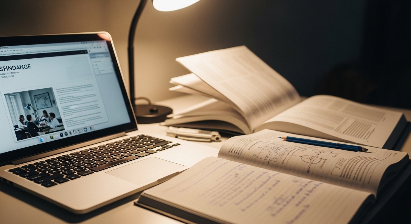 Bàn làm việc gọn gàng với laptop đang mở hiển thị nội dung tìm hiểu về MMO là gì, kèm sách giáo trình và ghi chú viết tay. Đèn bàn tạo không gian học tập tập trung.