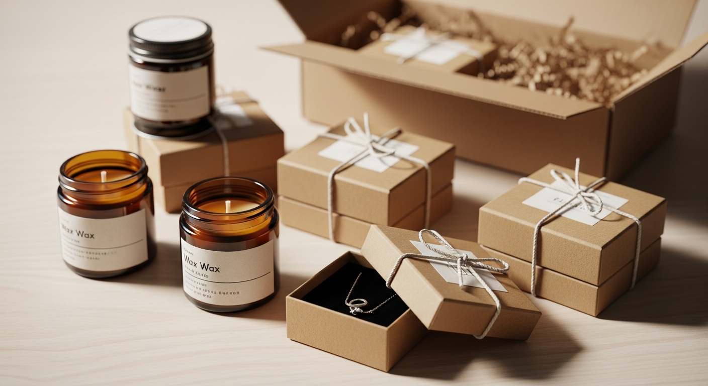 Sản phẩm thủ công (nến thơm, hộp trang sức) được đóng gói cẩn thận trên bàn gỗ, cùng hộp vận chuyển mở, minh họa rõ nét MMO là công việc gì qua mô hình kinh doanh online hiệu quả.