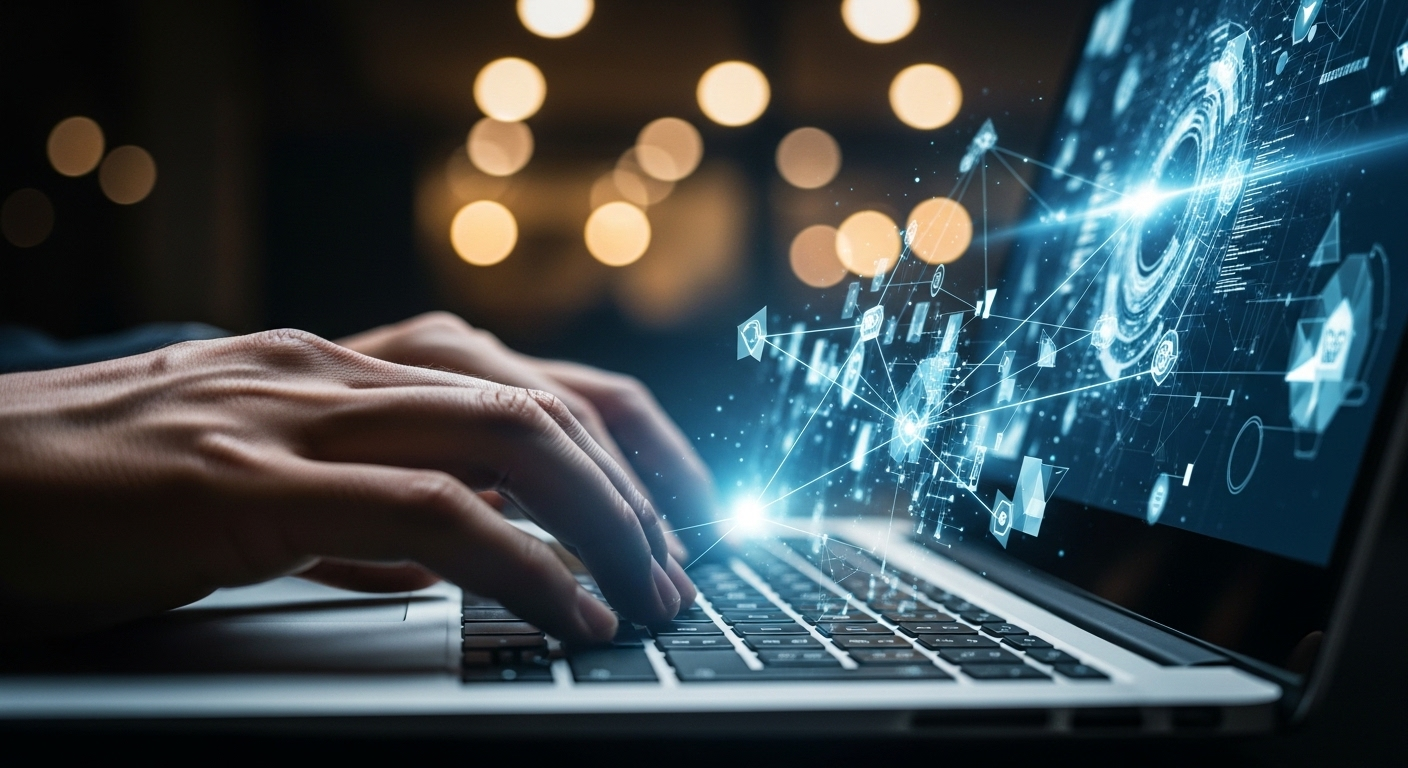 Cận cảnh tay gõ laptop, màn hình hiển thị dữ liệu số và mạng lưới kết nối toàn cầu, tượng trưng cho công việc trực tuyến. Khám phá MMO là gì.