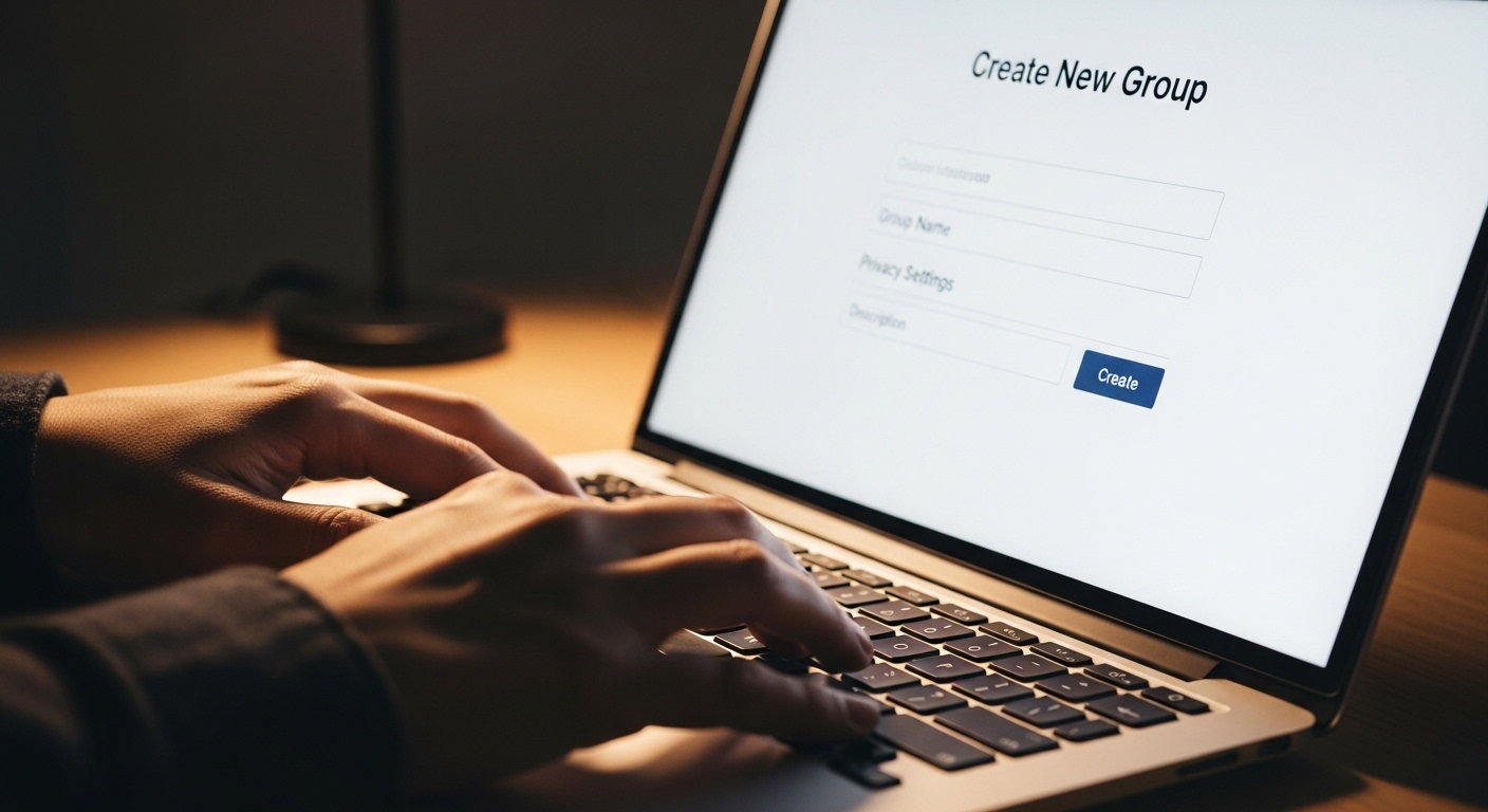 Cận cảnh tay gõ laptop, màn hình hiển thị form tạo nhóm Facebook với các trường Tên nhóm và Cài đặt quyền riêng tư.