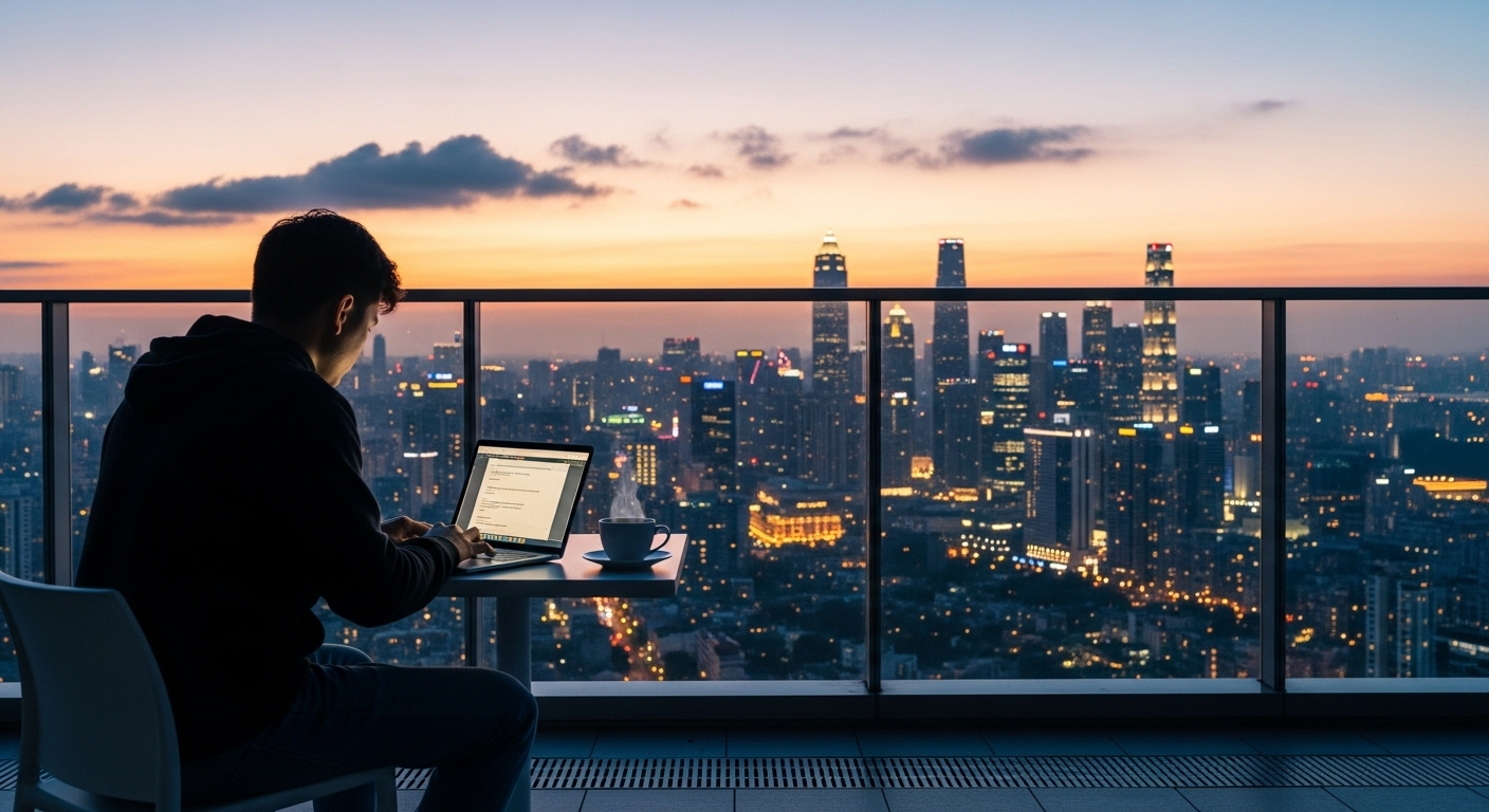 Bóng người ngồi làm việc trên laptop ở ban công hiện đại, ngắm nhìn thành phố sôi động lúc bình minh, bên ly cà phê bốc khói. Khung cảnh lý tưởng để khám phá MMO là gì và bắt đầu hành trình online.