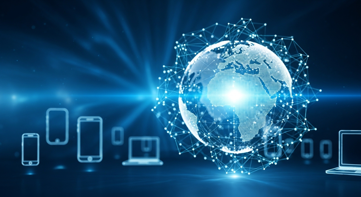 Quả cầu kỹ thuật số phát sáng, mạng lưới kết nối toàn cầu và các thiết bị di động. Minh họa thế giới trực tuyến để tìm hiểu MMO là gì.