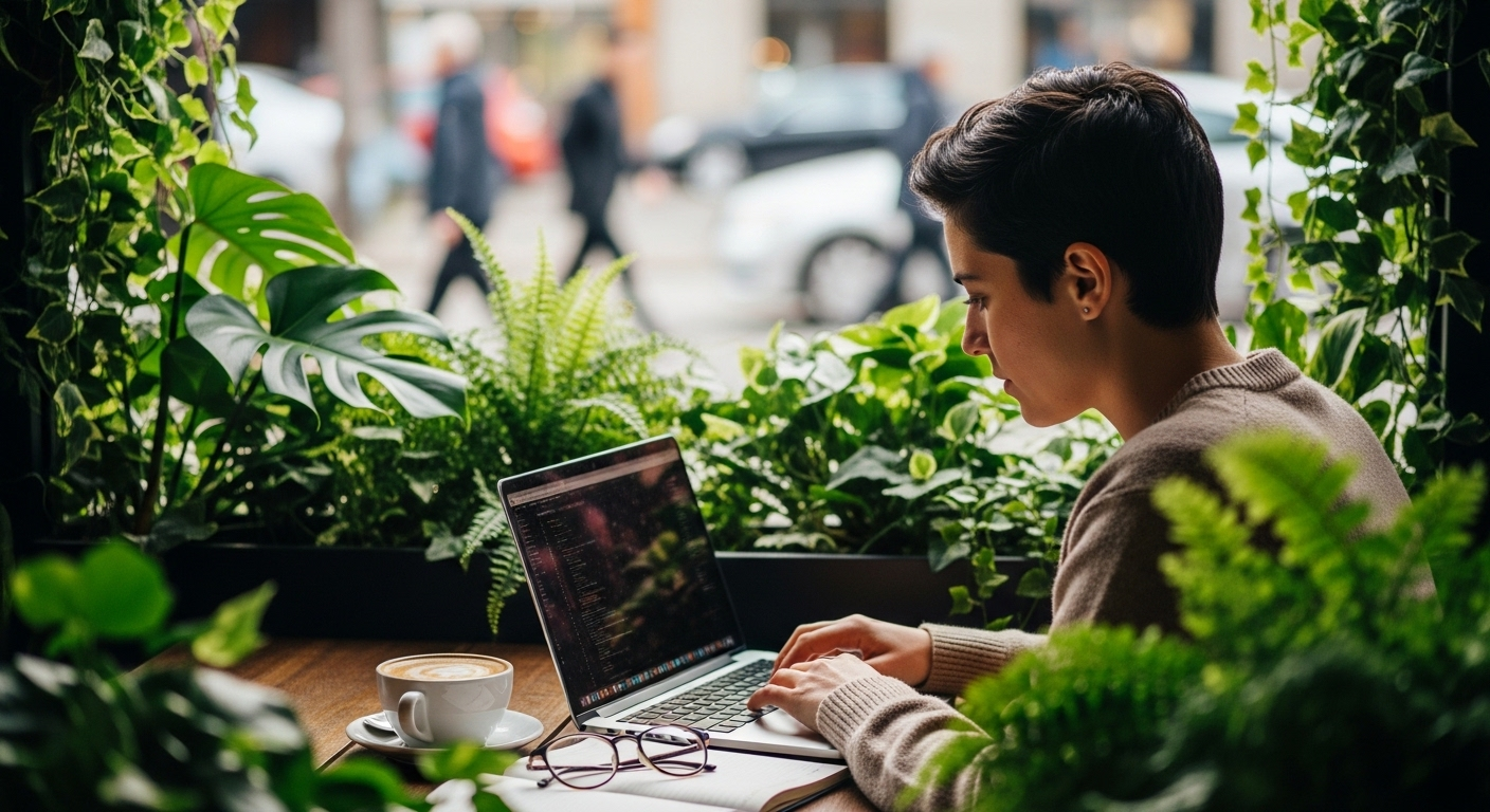 Một người làm việc trên laptop tại quán cà phê ngoài trời xanh mát, ly cà phê bên cạnh. Hình ảnh gợi mở về phong cách làm việc linh hoạt, tự do mà các khóa học MMO có thể mang lại.
