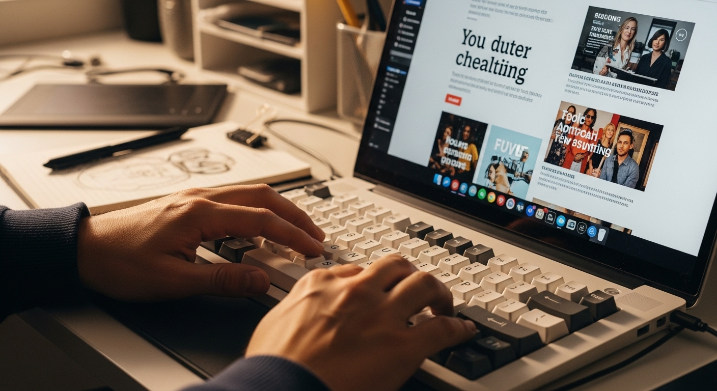 Bàn tay đang gõ phím cơ trên laptop hiển thị blog sống động, minh họa việc kiếm tiền online tại nhà không cần vốn qua sáng tạo nội dung.