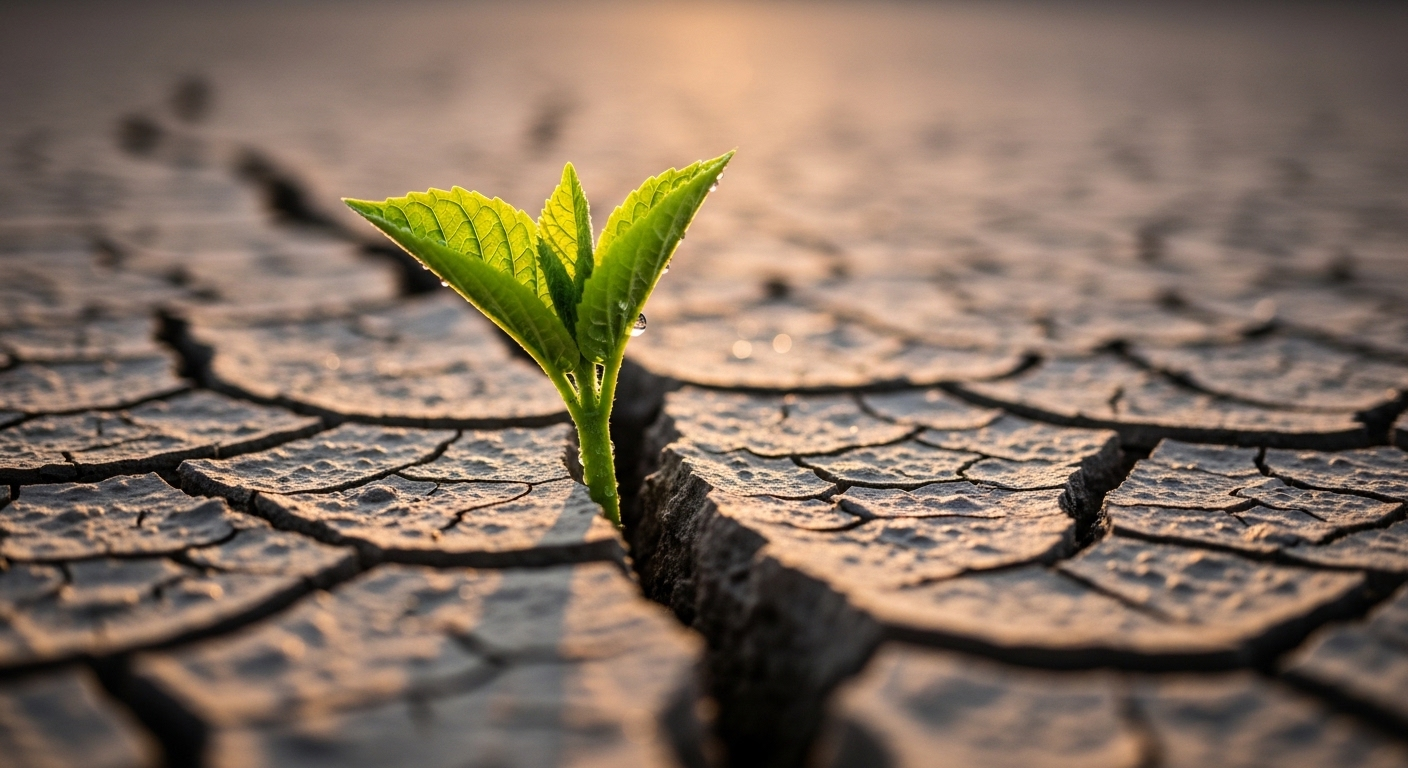 Mầm xanh non kiên cường vươn lên từ vết nứt đất khô dưới ánh nắng vàng, tượng trưng cho tiềm năng phát triển bền vững từ khởi đầu nhỏ trong kiếm tiền online MMO.