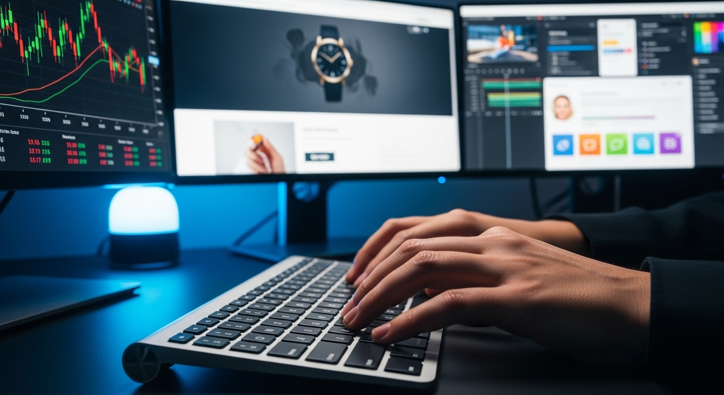 Đôi tay chuyên nghiệp gõ bàn phím trước nhiều màn hình hiển thị biểu đồ tài chính, trang e-commerce và công cụ sáng tạo nội dung, minh họa đa dạng cách kiếm tiền online và giúp hiểu rõ hơn MMO là gì.