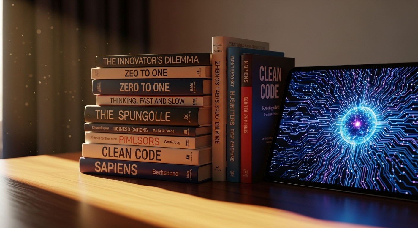 Bàn làm việc gọn gàng với sách kinh doanh, công nghệ và máy tính bảng. Chuẩn bị kiến thức chuyên sâu cho khóa học MMO.