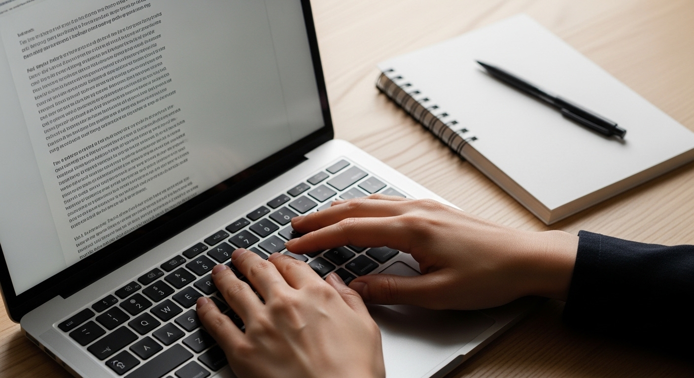 Cận cảnh bàn tay gõ laptop trên bàn gỗ, màn hình hiển thị tài liệu, cùng sổ và bút. Hình ảnh công việc tập trung, nghiên cứu cách làm MMO hiệu quả.