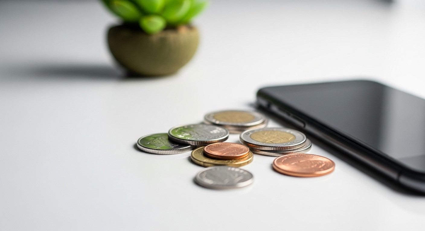 Cận cảnh điện thoại thông minh và tiền xu sáng bóng trên mặt phẳng trắng, minh họa tiềm năng kiếm tiền MMO.