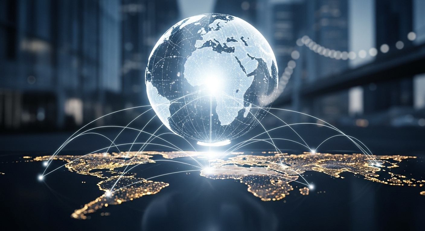 Quả cầu kỹ thuật số phát sáng kết nối các thành phố toàn cầu, biểu tượng cho tiềm năng kiếm tiền online không giới hạn trên mạng lưới toàn cầu hiện đại.