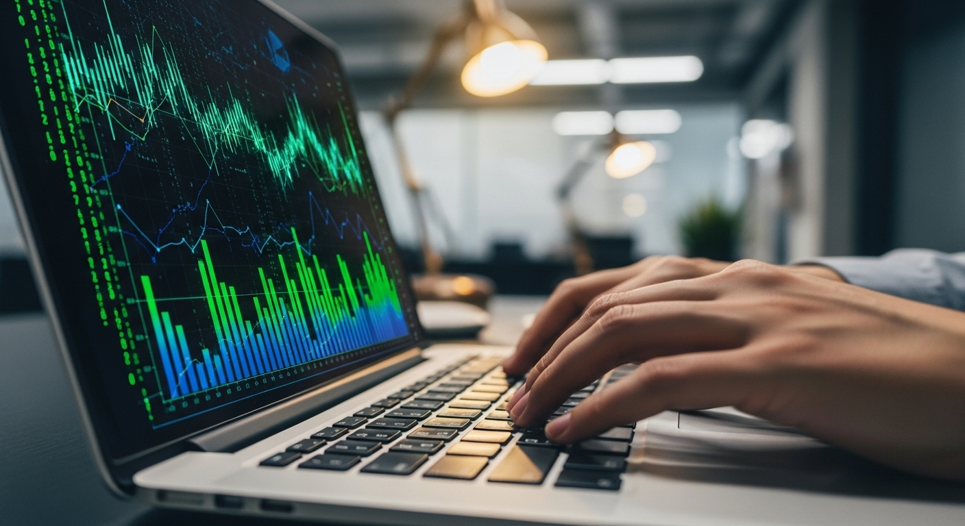 Cận cảnh bàn tay đang gõ trên laptop bạc, màn hình hiển thị biểu đồ kinh doanh và code, minh họa công việc số và học trực tuyến để kiếm tiền online.