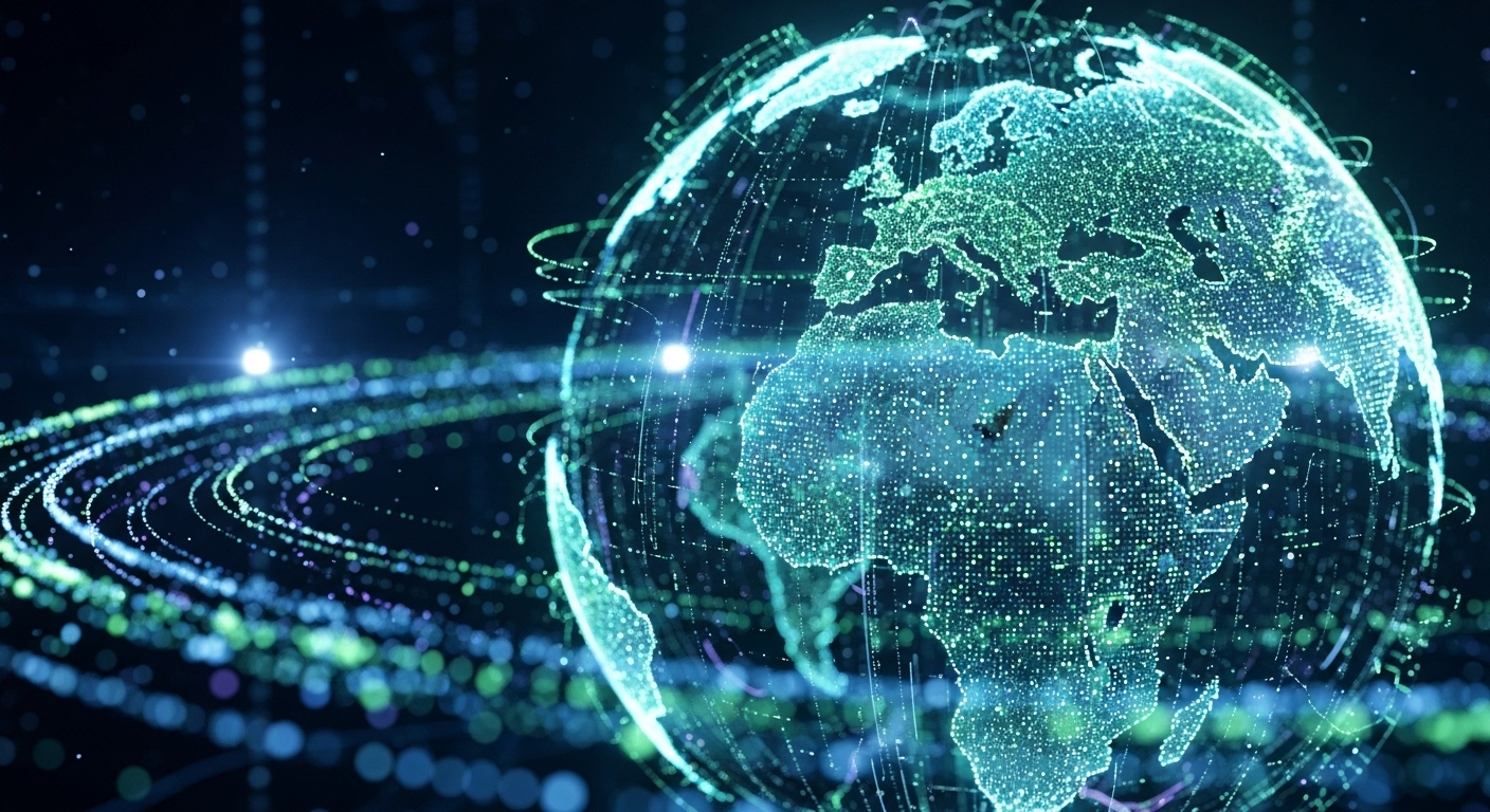 Quả địa cầu kỹ thuật số phát sáng với mạng lưới toàn cầu và luồng dữ liệu, minh họa thế giới online kết nối rộng lớn, liên quan đến khái niệm MMO là gì.