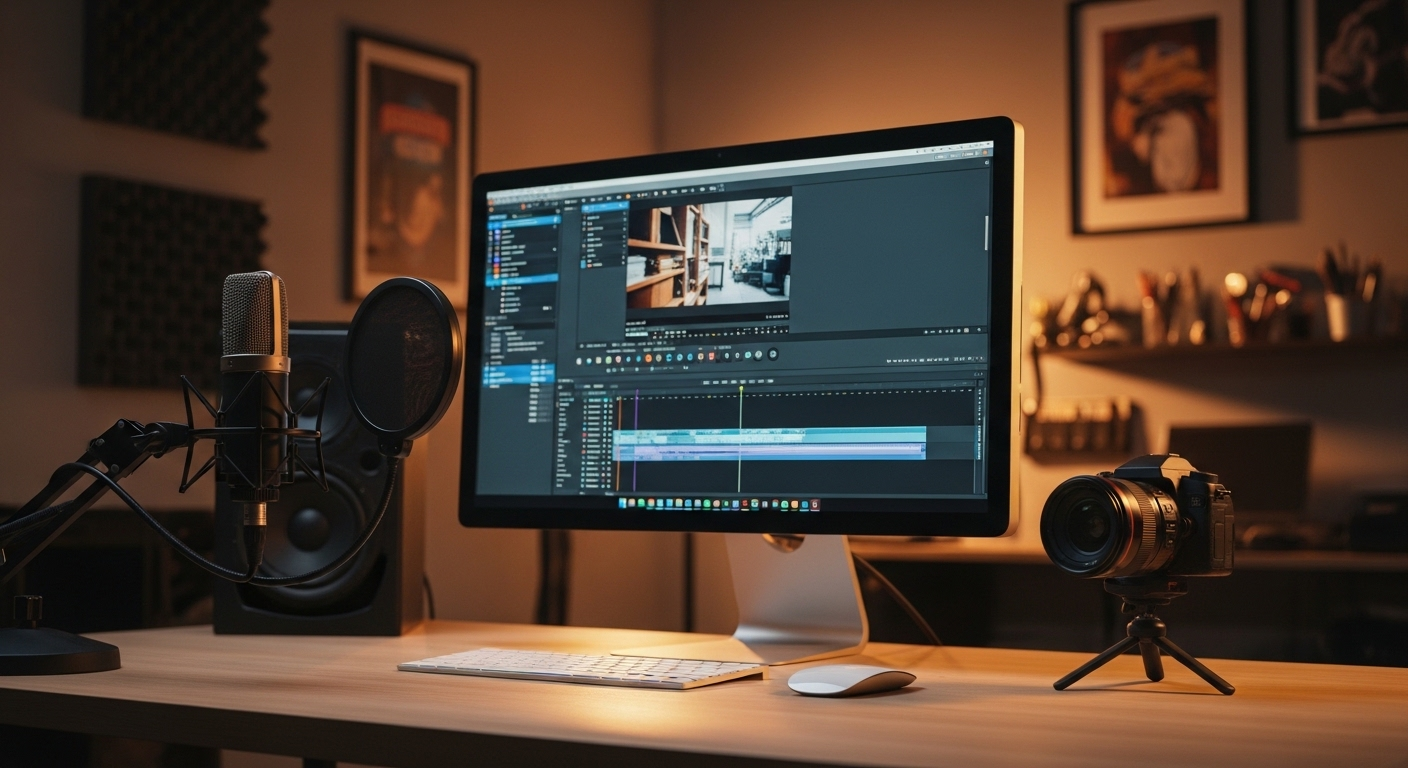 Không gian làm việc sáng tạo với màn hình chỉnh sửa video, micro và ống kính máy ảnh, minh họa tiềm năng kiếm tiền online không cần vốn qua sản xuất nội dung.