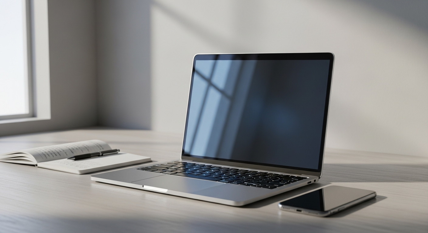 Bàn làm việc số tối giản với laptop, điện thoại, sổ tay. Không gian lý tưởng để tìm hiểu MMO là gì và phát triển công việc trực tuyến.