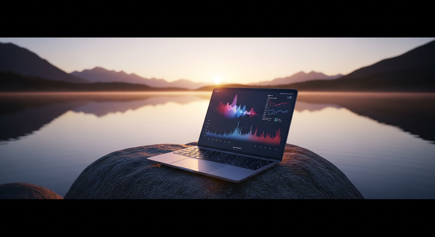 Laptop tối giản trên tảng đá phong hoá mịn màng, nhìn ra hồ núi yên bình lúc bình minh với đồ thị kỹ thuật số trên màn hình – bối cảnh làm việc lý tưởng để kiếm tiền online MMO. Laptop tối giản trên tảng đá phong hoá mịn màng, nhìn ra hồ núi yên bình lúc bình minh với đồ thị kỹ thuật số trên màn hình – bối cảnh làm việc lý tưởng để kiếm tiền online MMO.