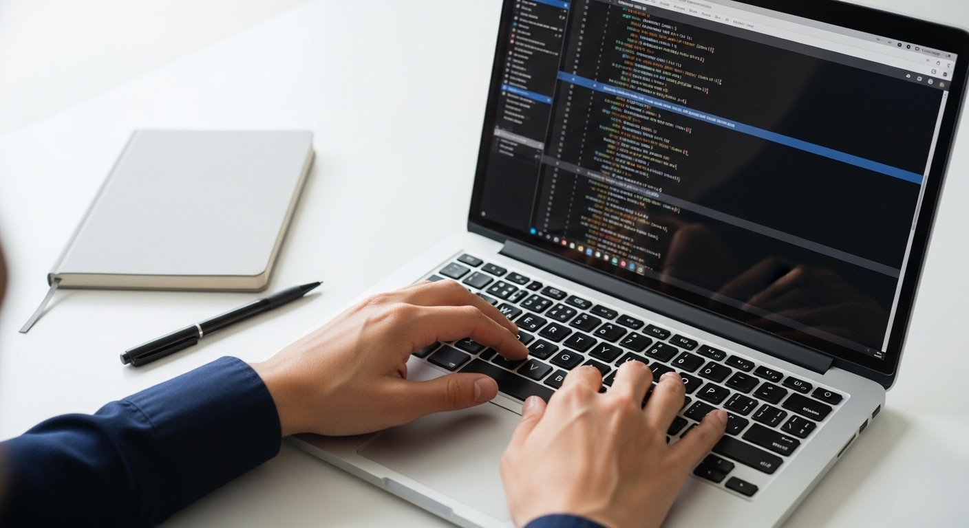 Cận cảnh bàn tay đang gõ bàn phím laptop trên bàn làm việc trắng, màn hình hiển thị tài liệu. Một không gian làm việc tập trung cho việc kiếm tiền online.