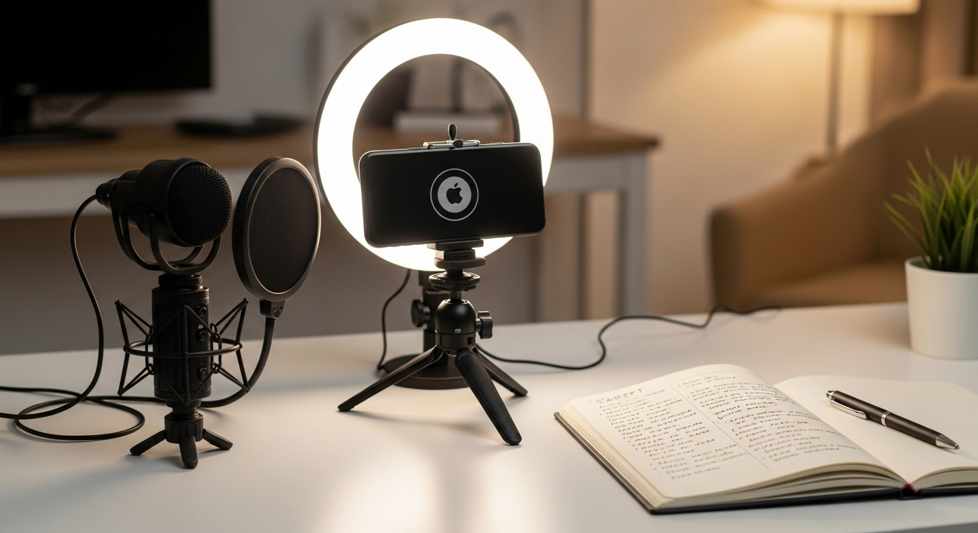 Đây là một setup bàn làm việc gọn gàng với smartphone trên tripod, micro chuyên nghiệp và đèn ring, kèm sổ ghi kịch bản. Hoàn hảo cho những ai đang tìm kiếm hướng dẫn hoặc muốn học làm Youtube cho người mới bắt đầu.