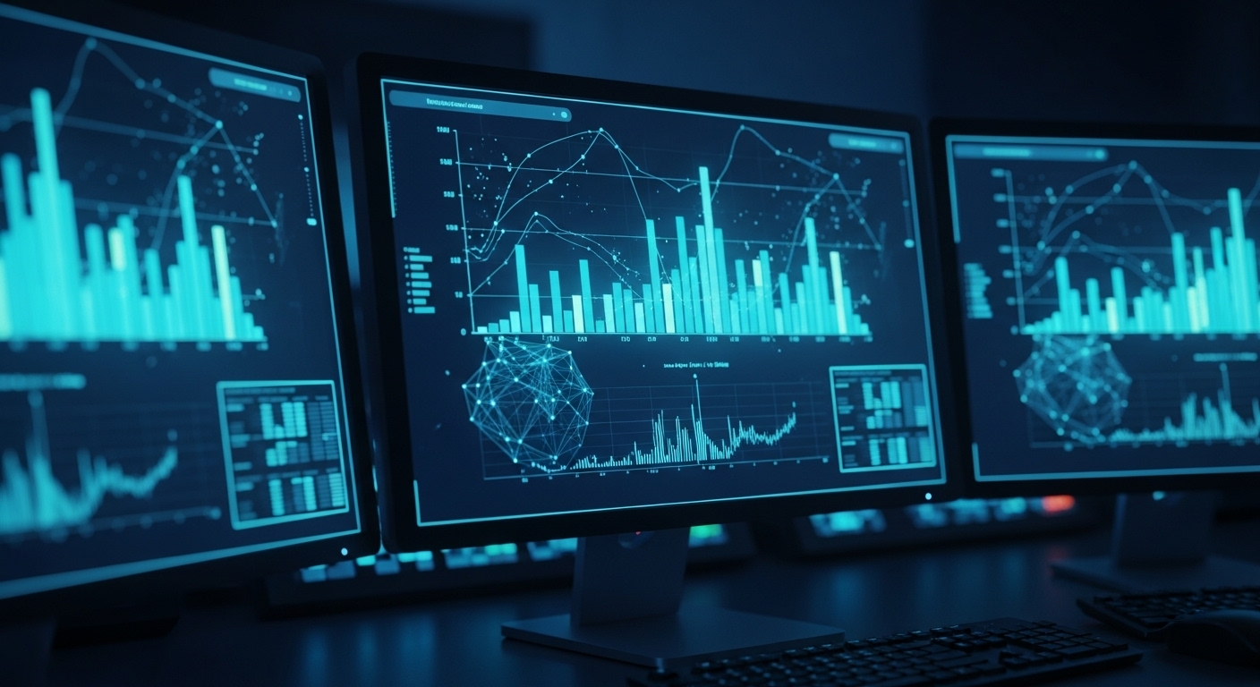 Cận cảnh màn hình phát sáng hiển thị trực quan dữ liệu hiệu suất các kênh truyền thông, với biểu đồ xanh dương, xanh lá trong môi trường công nghệ cao.