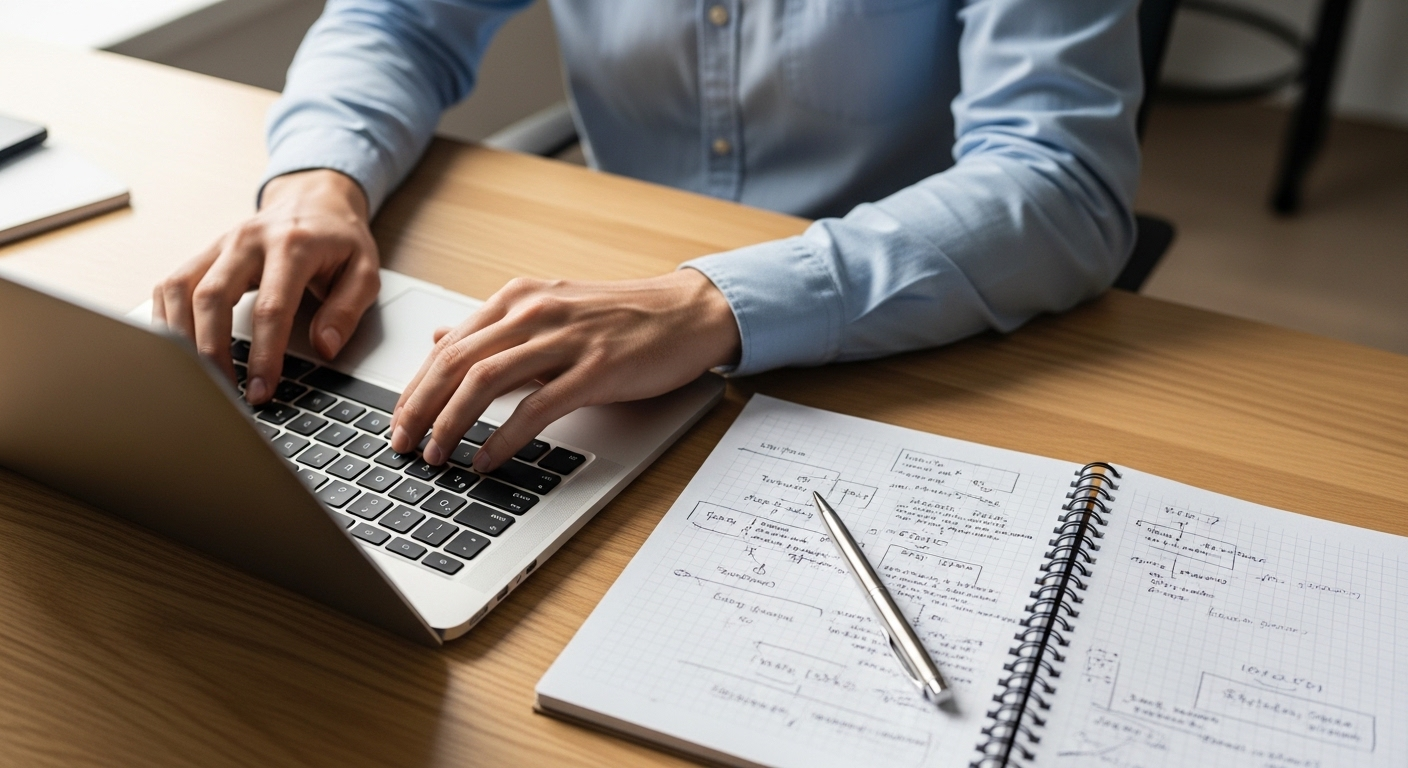 Cận cảnh bàn tay đang làm việc trên laptop và ghi chép vào sổ tay. Đây là hình ảnh thường thấy khi tìm hiểu các cách kiếm tiền online không cần vốn.