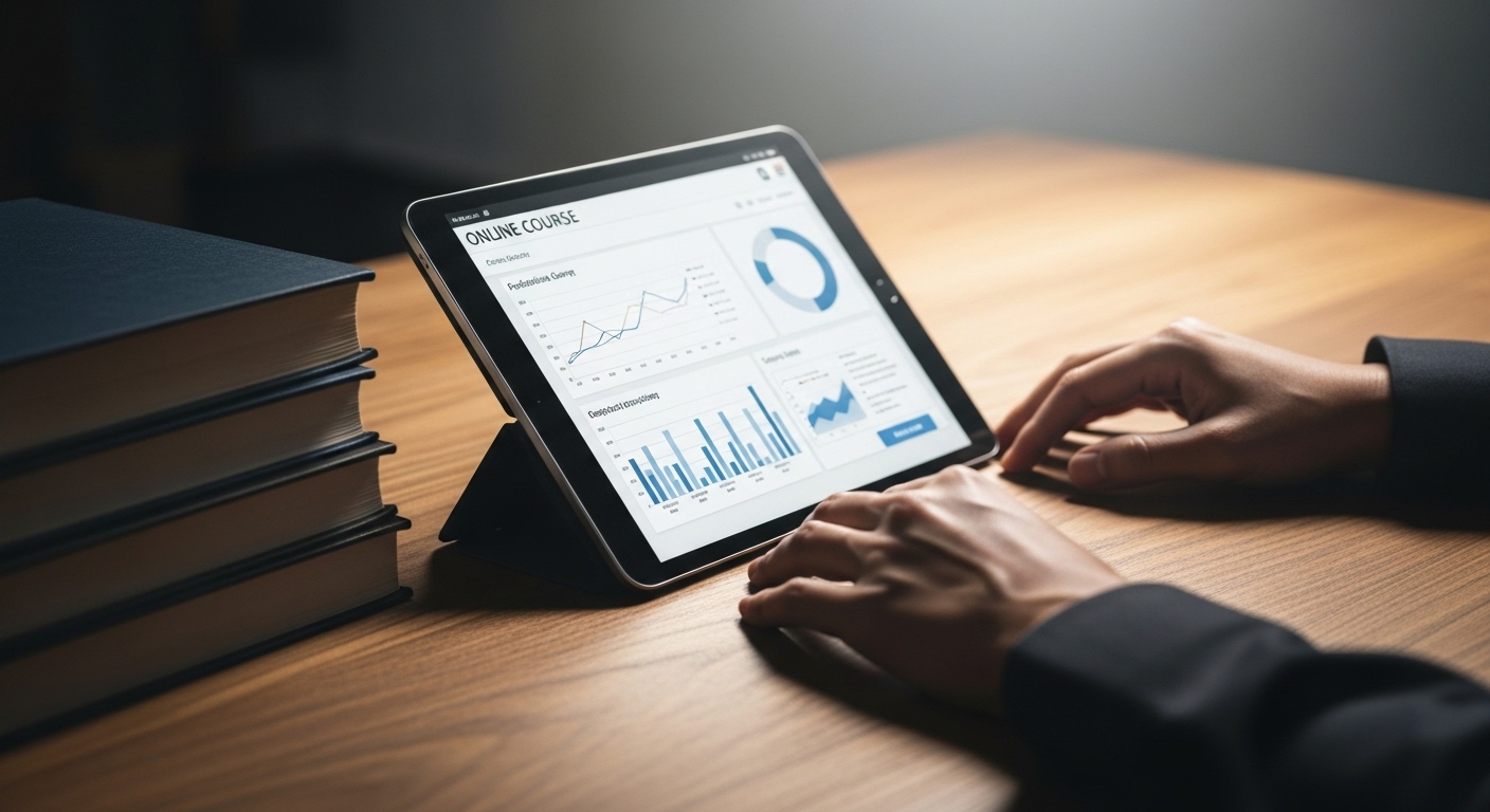 Bàn tay bên máy tính bảng hiển thị giao diện khóa học trực tuyến về kiếm tiền online tại nhà, cùng sách chuyên ngành trên bàn gỗ ấm áp.