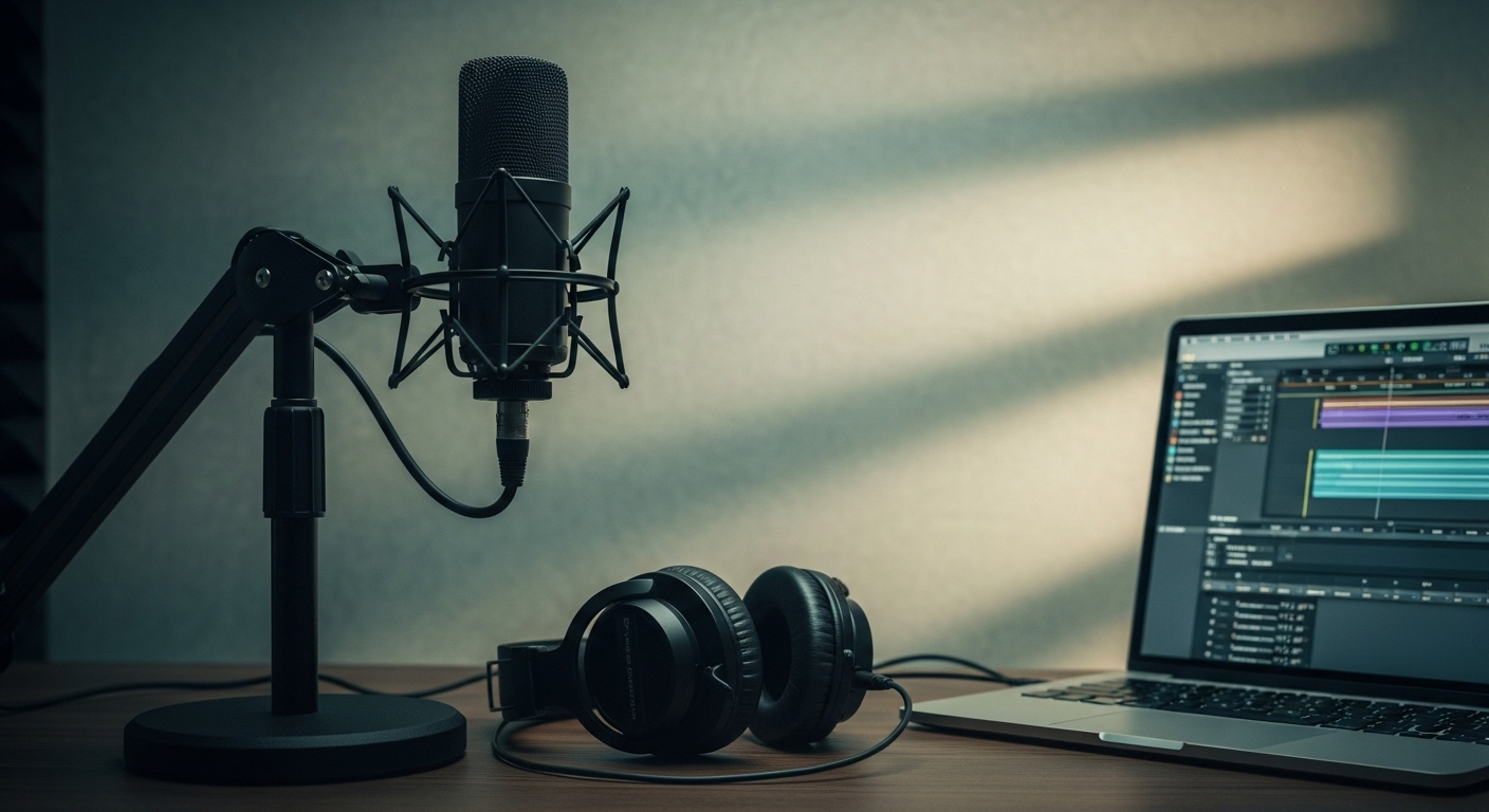 Micro podcast chuyên nghiệp, tai nghe studio và laptop, minh họa cách kiếm tiền online tại nhà không cần vốn bằng việc sáng tạo nội dung.