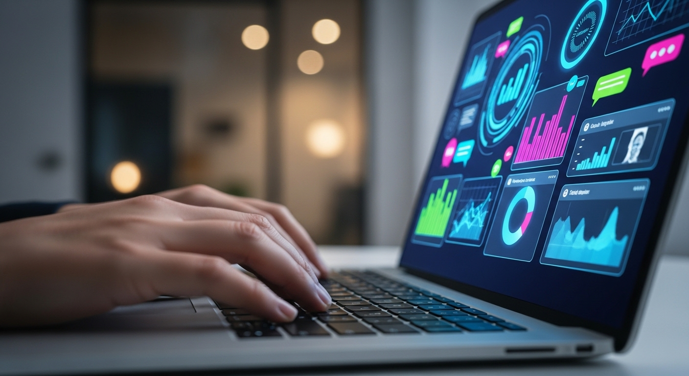 Cận cảnh tay đang gõ phím laptop với màn hình hiển thị giao diện dữ liệu số sống động, thể hiện cách kiếm tiền tại nhà hiệu quả và chuyên nghiệp trong không gian ấm cúng.