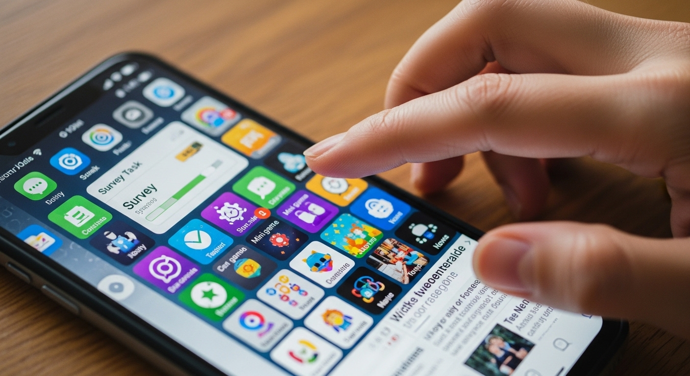 Bàn tay đang thao tác trên màn hình điện thoại hiển thị các app kiếm tiền online với các tác vụ khảo sát, chơi game.