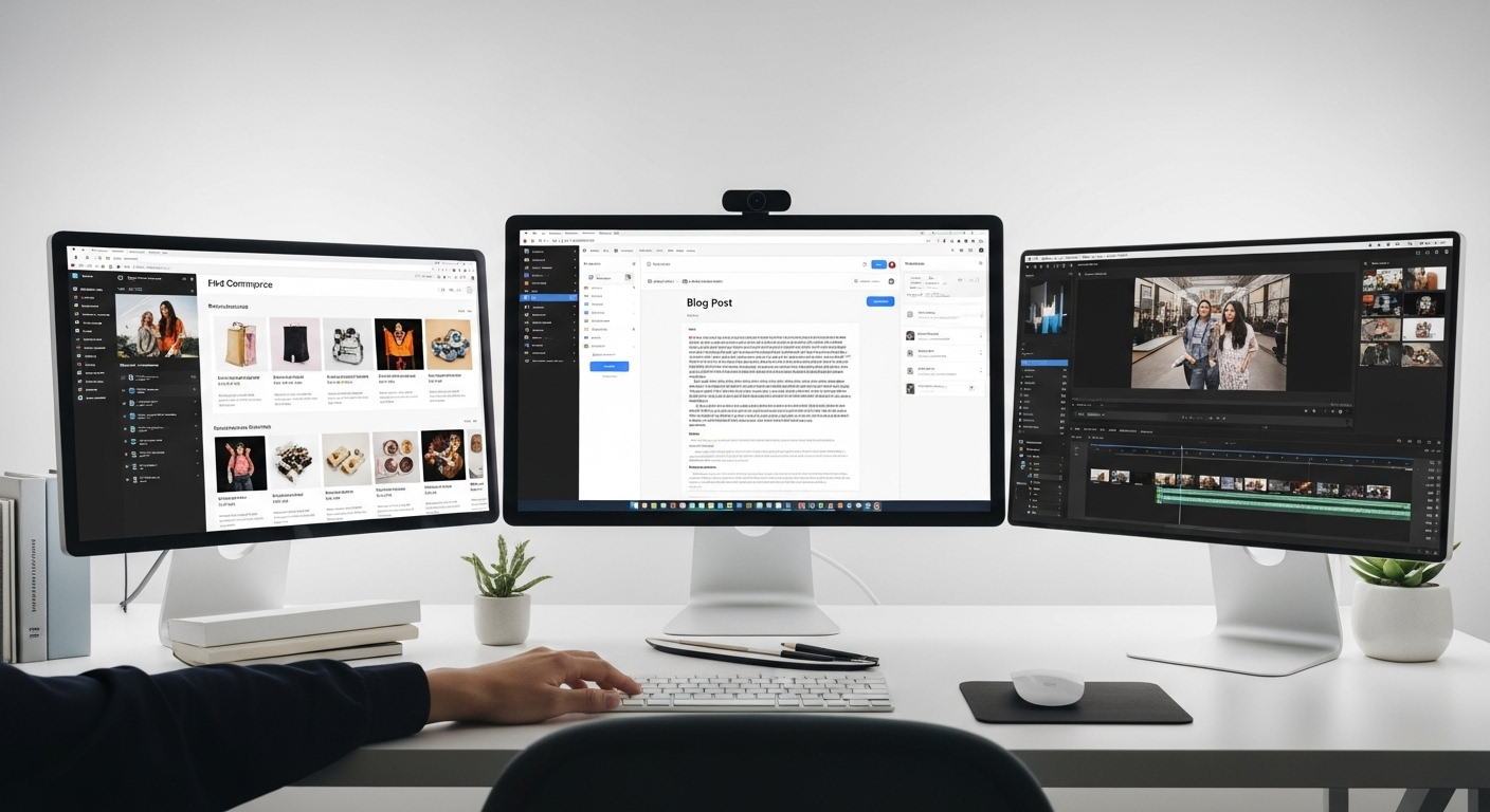 Bàn làm việc hiện đại với nhiều màn hình hiển thị blog, kinh doanh online và chỉnh sửa video. Minh họa các hoạt động kiếm tiền online đa dạng.