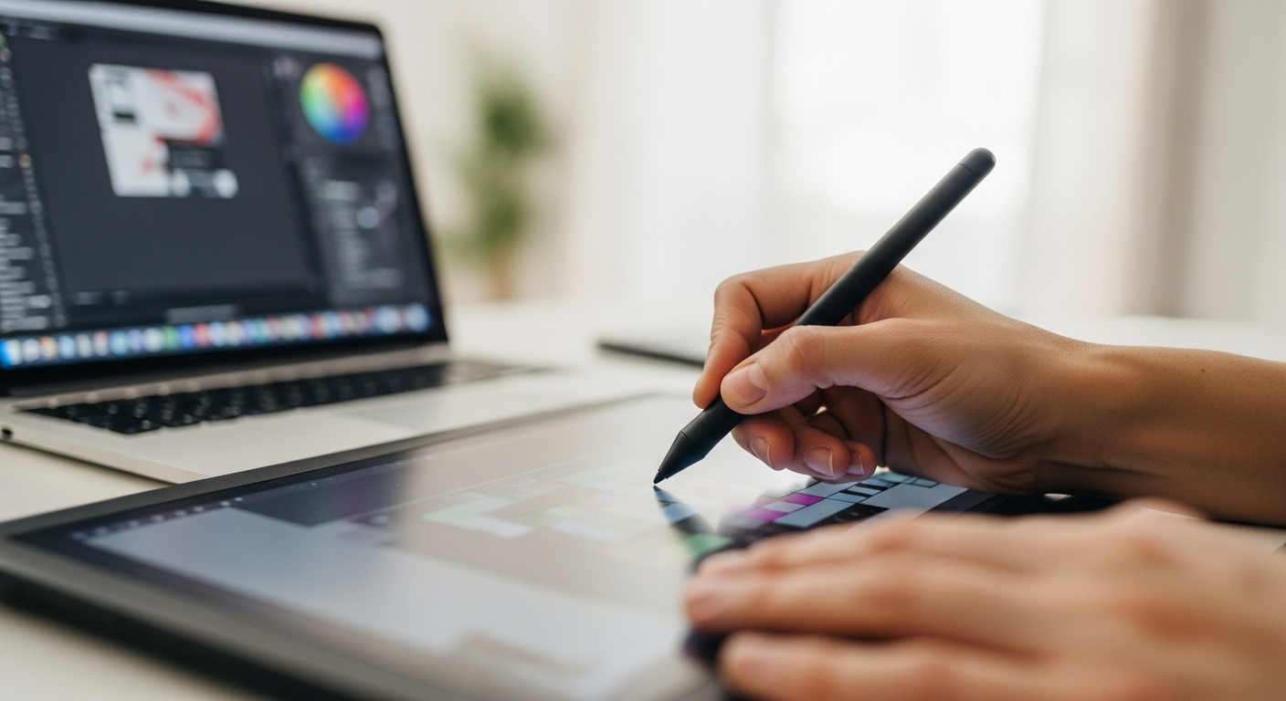 Cận cảnh bàn tay dùng bút cảm ứng tạo thiết kế kỹ thuật số đầy màu sắc trên bảng vẽ số, thể hiện một việc làm thêm tại nhà sáng tạo trong không gian làm việc tại gia.