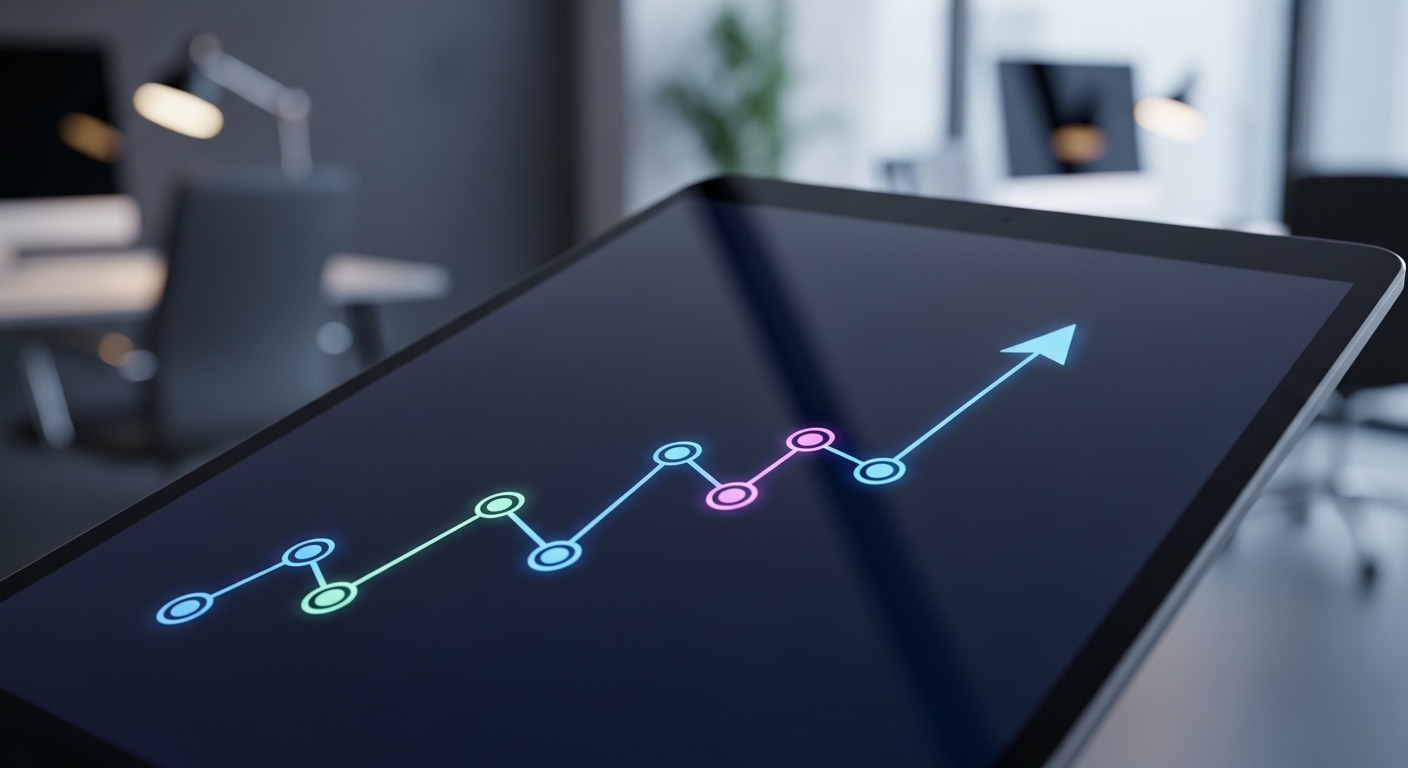 Màn hình máy tính bảng hiển thị biểu đồ tăng trưởng kỹ thuật số, tượng trưng tiềm năng kiếm tiền online cho học sinh sinh viên trong môi trường văn phòng hiện đại.