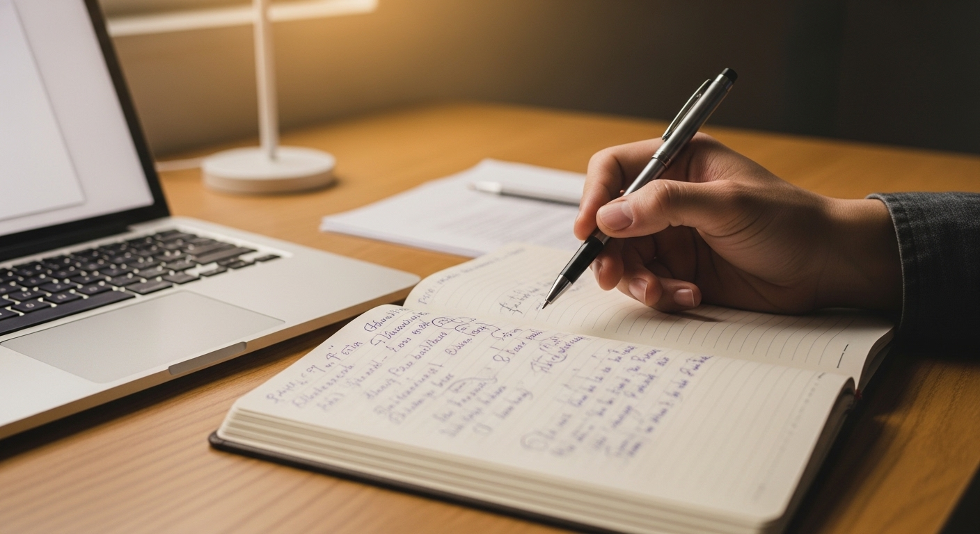 Tay người cầm bút viết ý tưởng vào sổ ghi chép, bên cạnh là laptop mở. Hình ảnh mô tả quy trình sáng tạo giúp kiếm tiền tại nhà.