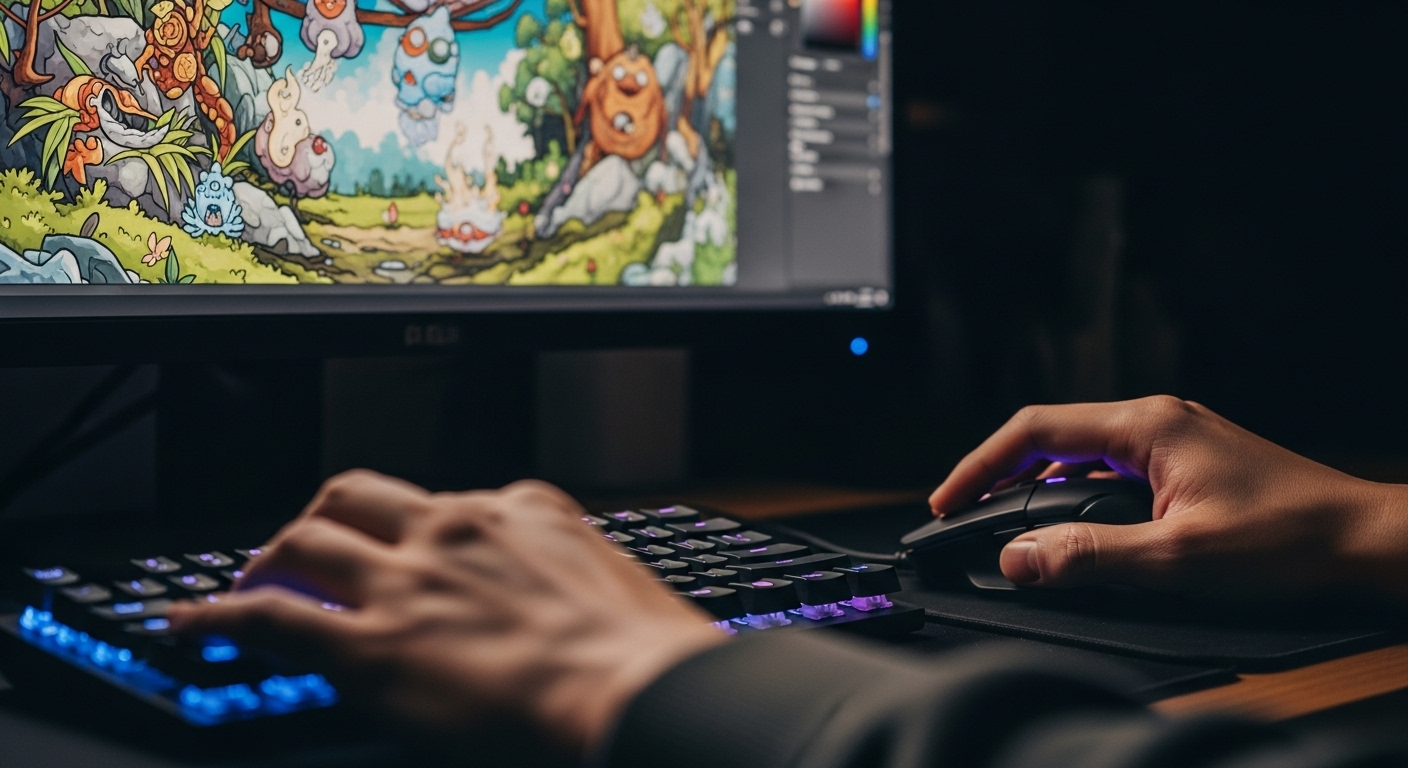 Đôi tay khéo léo thao tác chuột và bàn phím, màn hình hiển thị dự án minh họa kỹ thuật số đang thực hiện. Hình ảnh thể hiện kỹ năng sáng tạo cần có để đạt điểm chuẩn ngành truyền thông đa phương tiện.