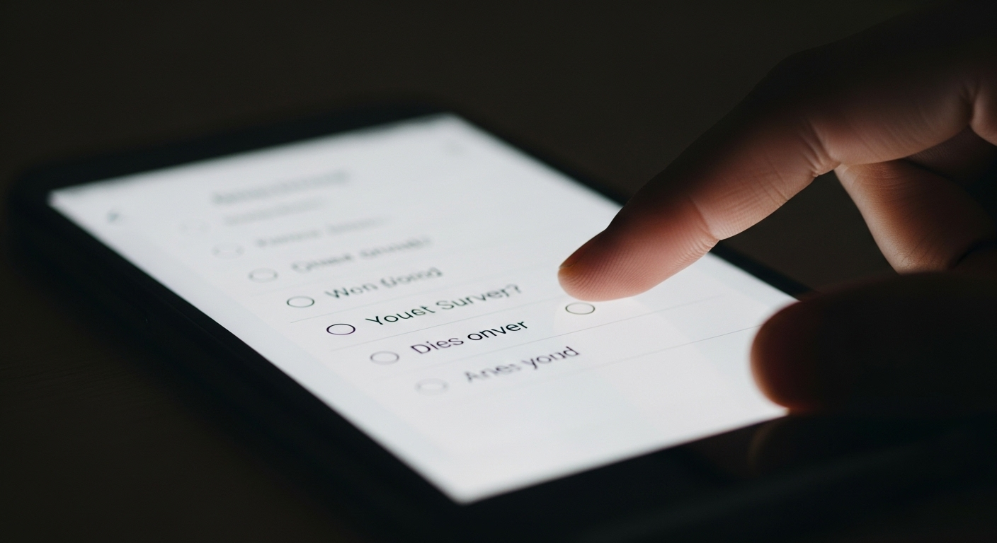 Ngón tay chạm vào màn hình điện thoại hiển thị giao diện khảo sát trực tuyến. Hình ảnh gợi liên tưởng đến app kiếm tiền trên điện thoại qua việc hoàn thành các nhiệm vụ hoặc khảo sát, nổi bật trong không gian mờ.