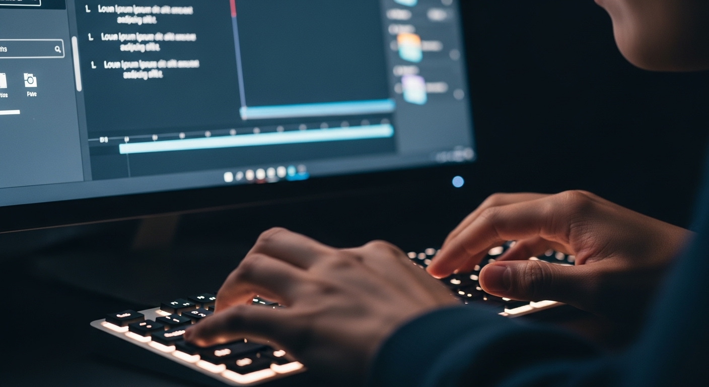 Cận cảnh tay đang gõ bàn phím máy tính hiện đại, màn hình hiển thị giao diện tạo nội dung số, minh họa cách kiếm tiền online hiệu quả qua việc sáng tạo và làm việc trực tuyến.