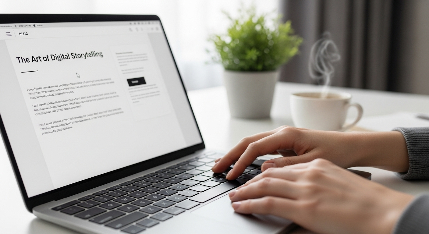 Cận cảnh bàn tay trên bàn phím laptop, màn hình hiển thị giao diện blog đang soạn thảo bài viết – cách kiếm tiền trên mạng tại nhà hiệu quả.